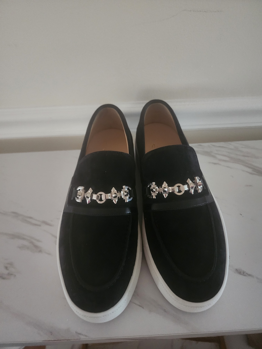 Christian Louboutin Black Suede Slip-On Loafers with Silver Chain Detail
